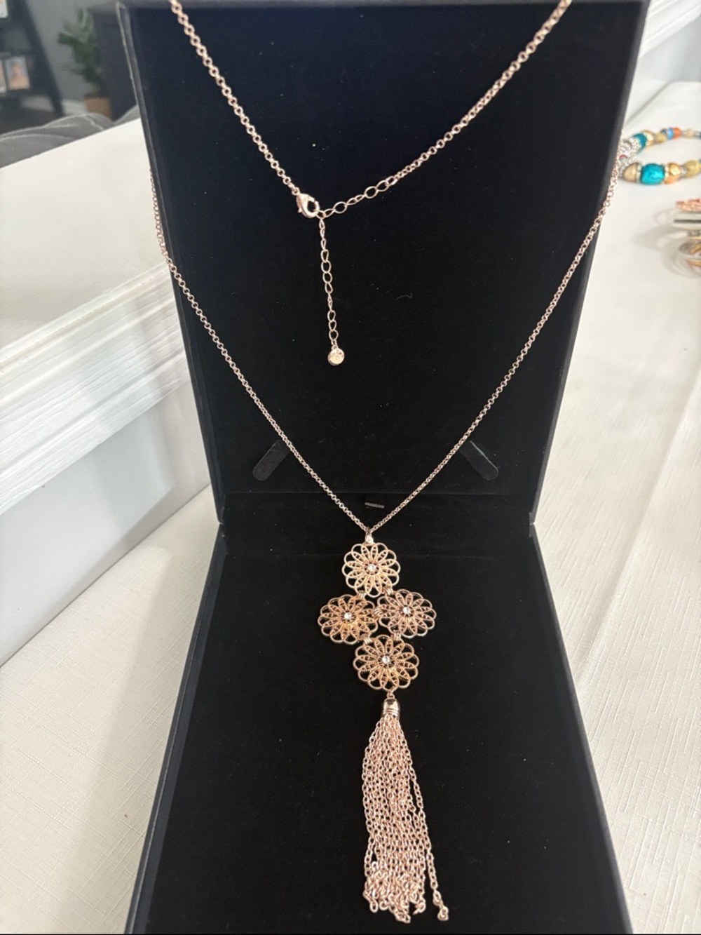 Vintage 1946 Rose Gold Filigree Tassel Necklace